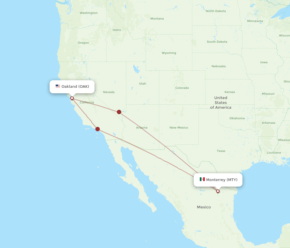 MTY to OAK flights and routes map