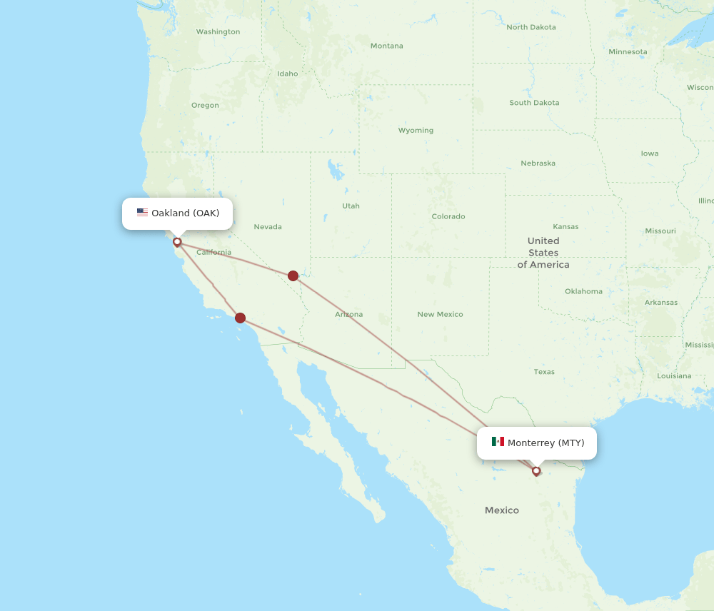 Monterrey - Oakland route map and flight paths
