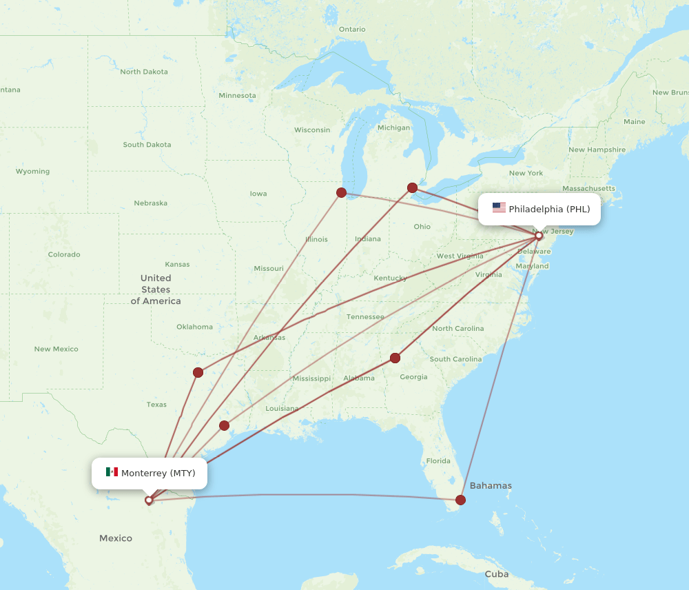 MTY to PHL flights and routes map
