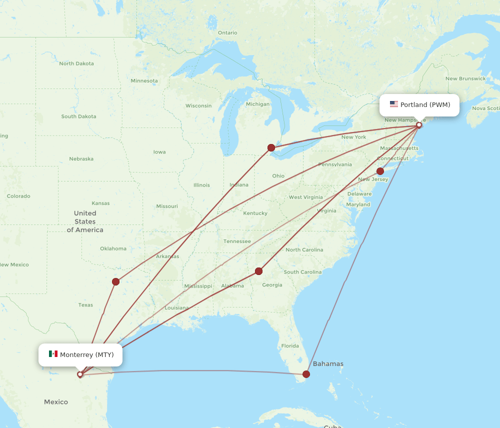 MTY to PWM flights and routes map