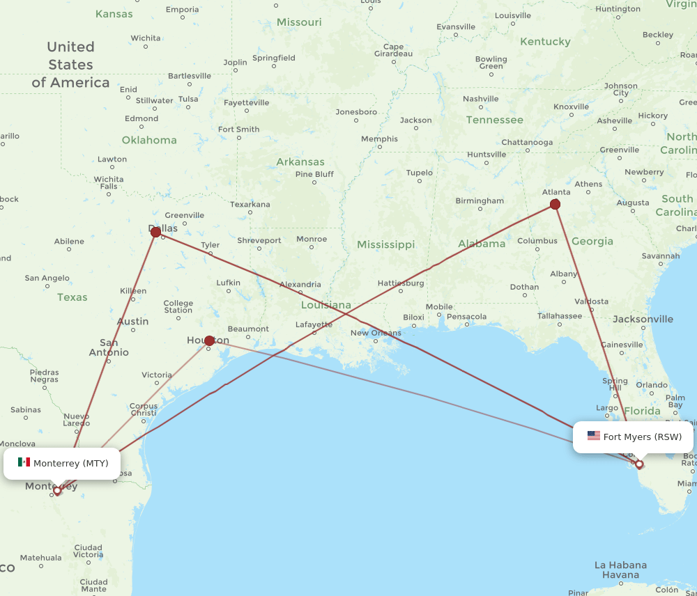 MTY to RSW flights and routes map