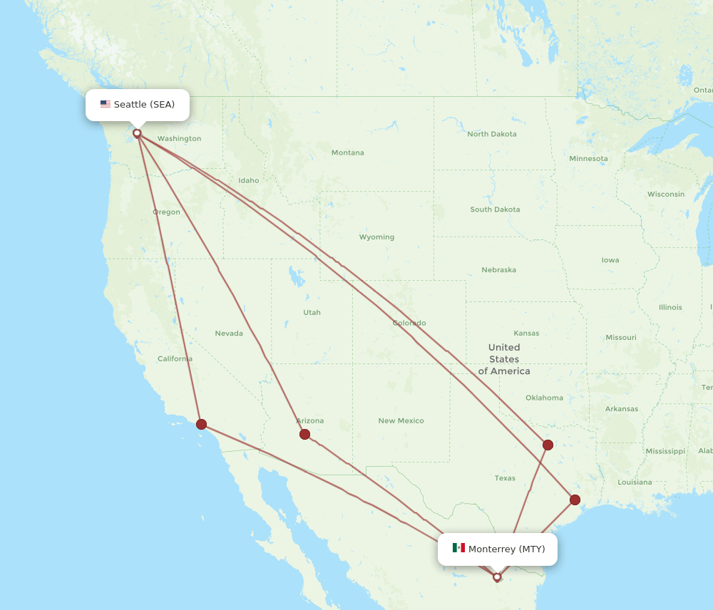 MTY to SEA flights and routes map