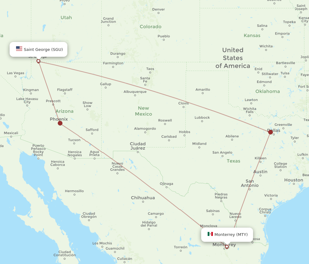 MTY to SGU flights and routes map