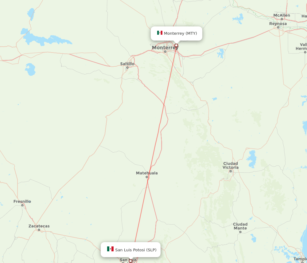 MTY to SLP flights and routes map