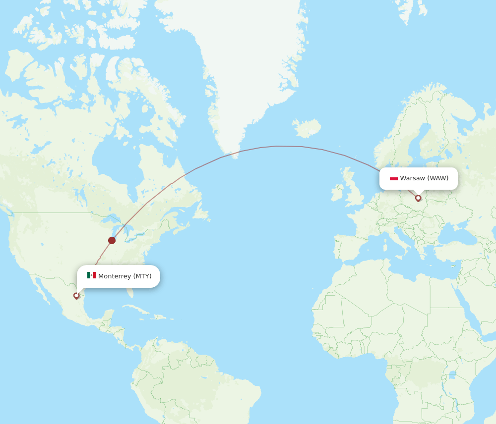 MTY to WAW flights and routes map