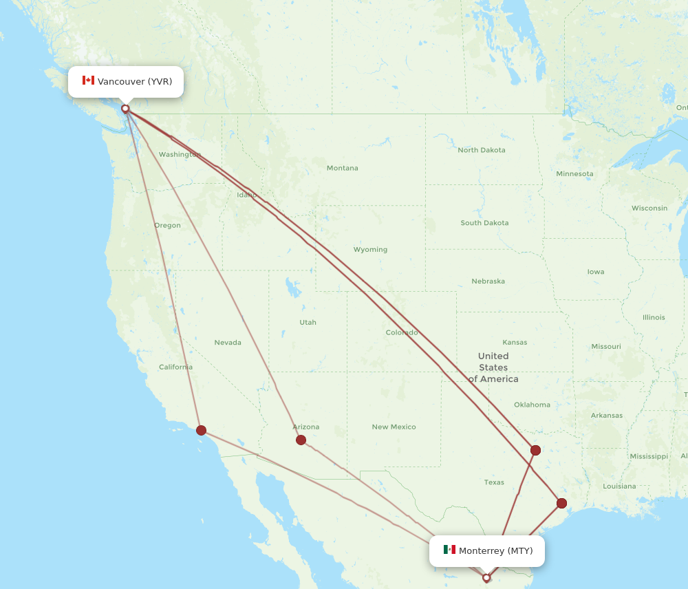MTY to YVR flights and routes map
