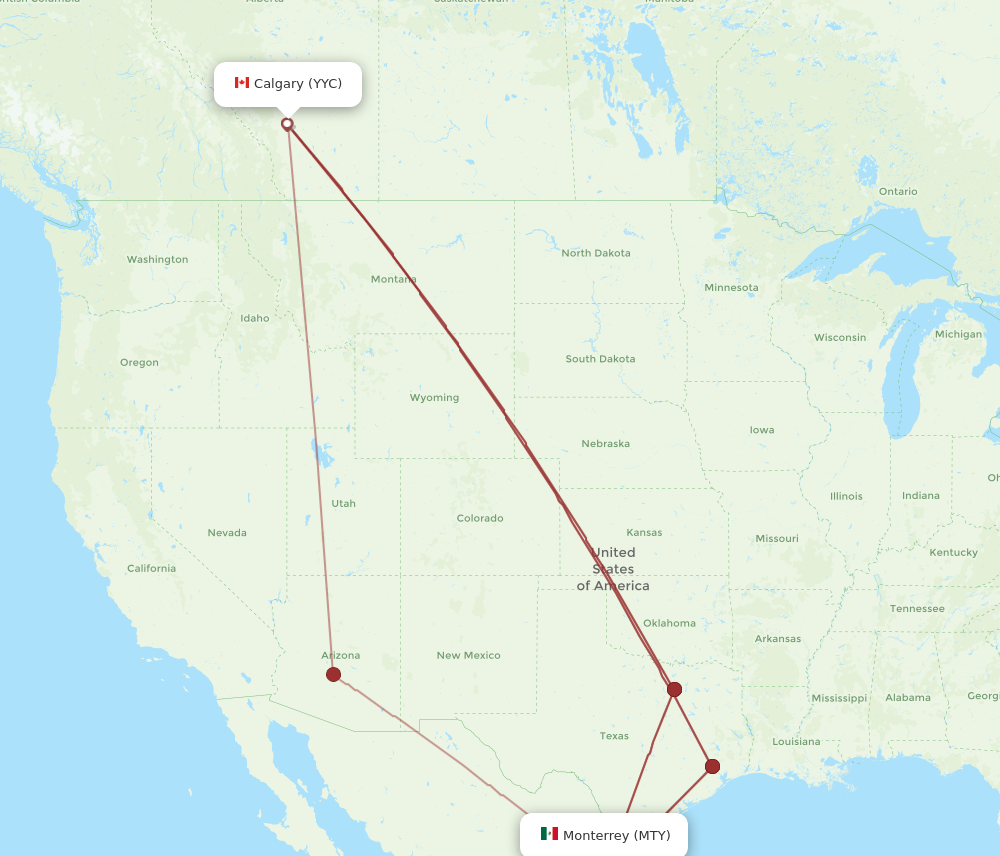 YYC to MTY flights and routes map