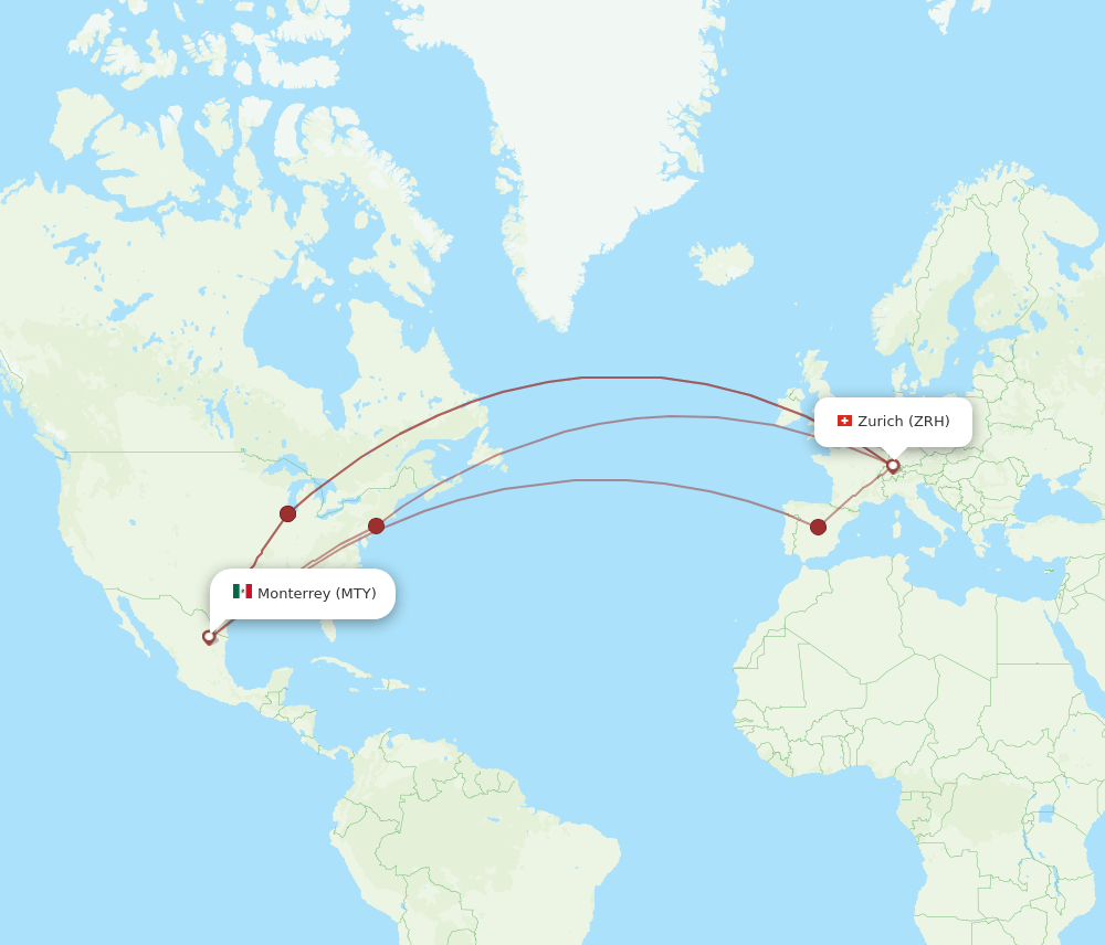 Zurich - Monterrey route map and flight paths