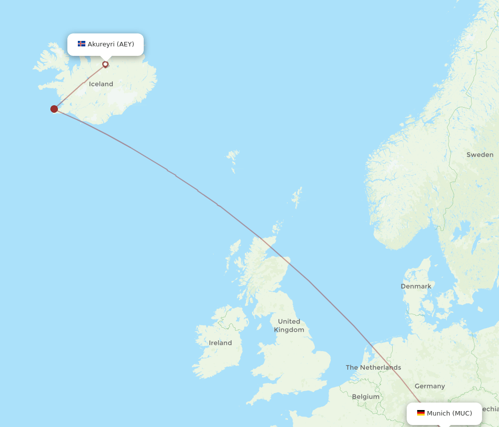 Munich - Akureyri route map and flight paths