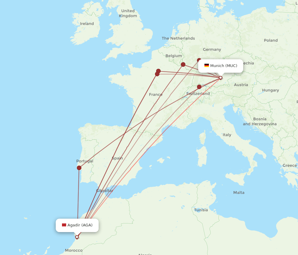 MUC-AGA flight routes