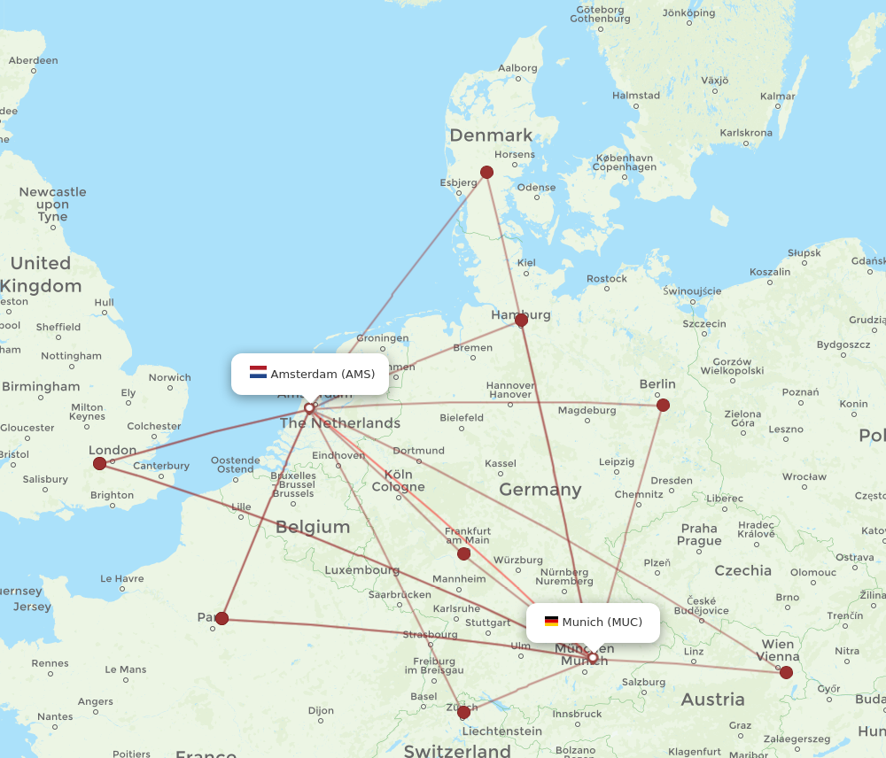 MUC to AMS flights and routes map