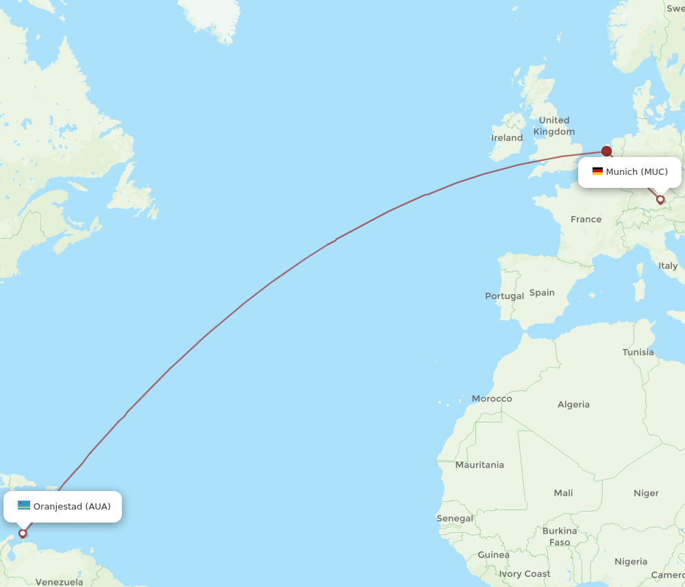 MUC to AUA flights and routes map