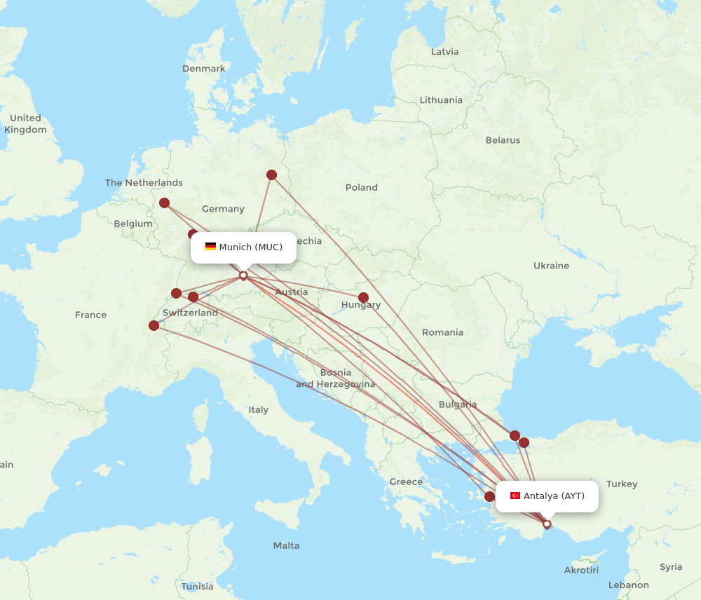 MUC to AYT flights and routes map