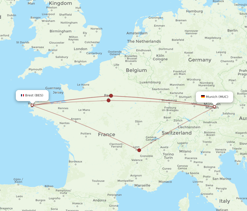 MUC to BES flights and routes map