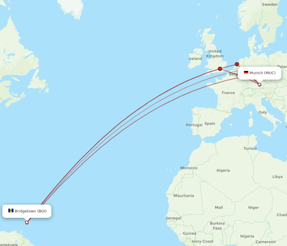 MUC to BGI flights and routes map