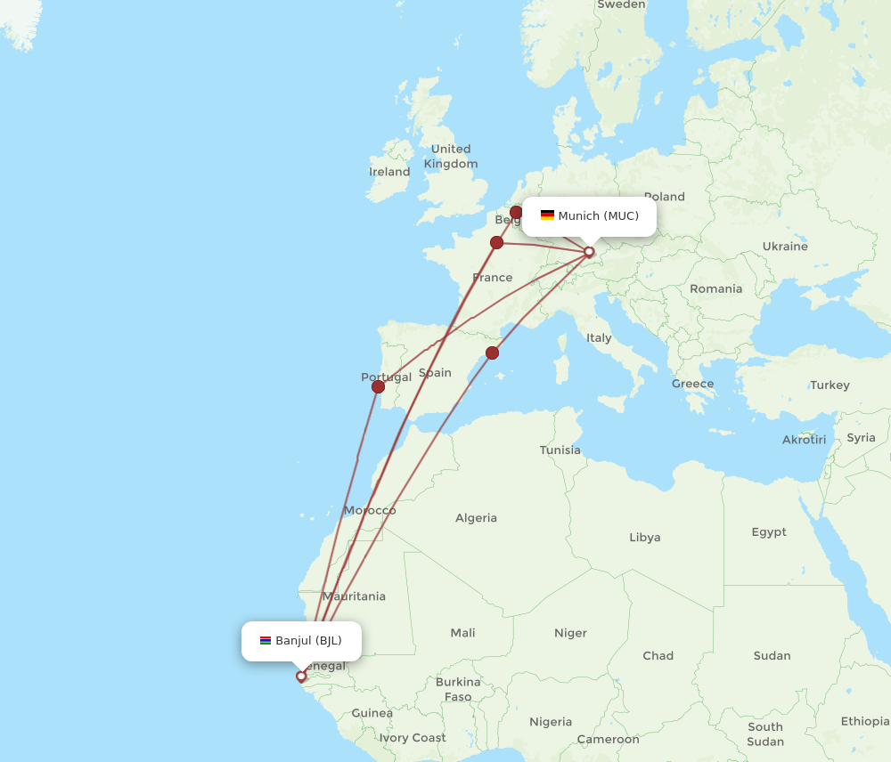 MUC-BJL flight routes