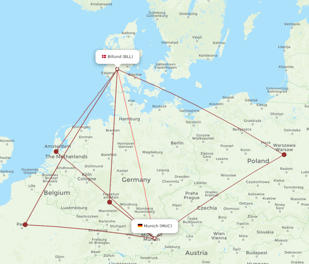 MUC to BLL flights and routes map