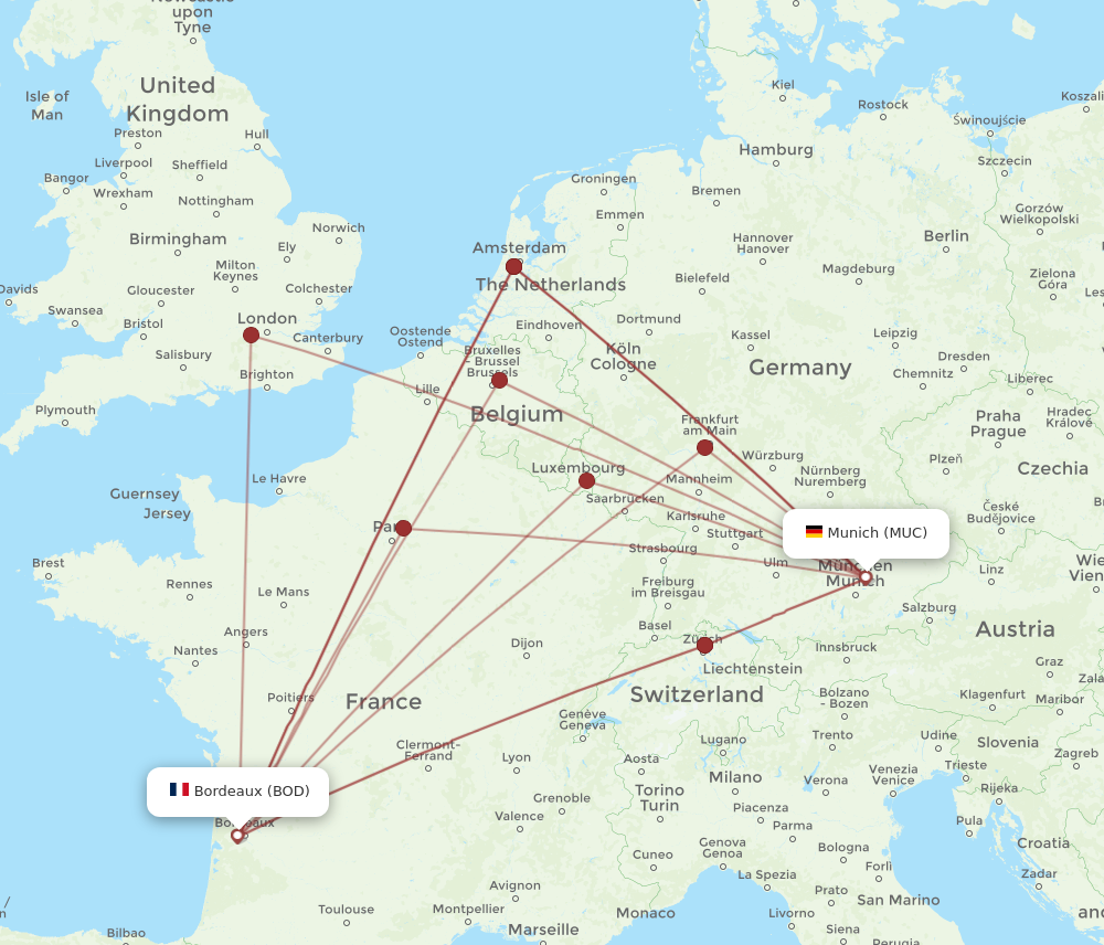 MUC to BOD flights and routes map