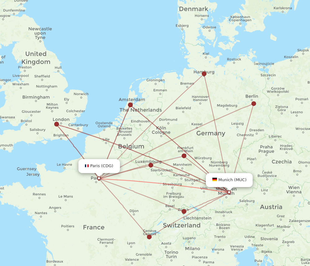 MUC to CDG flights and routes map