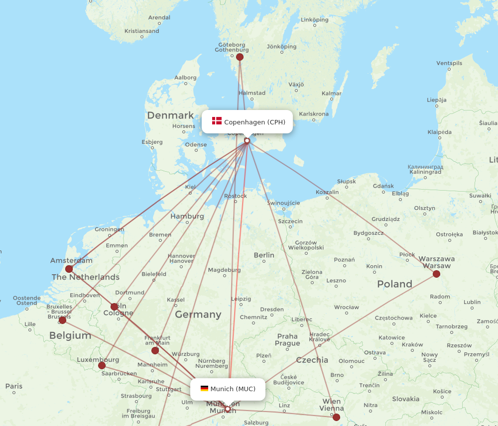 MUC to CPH flights and routes map