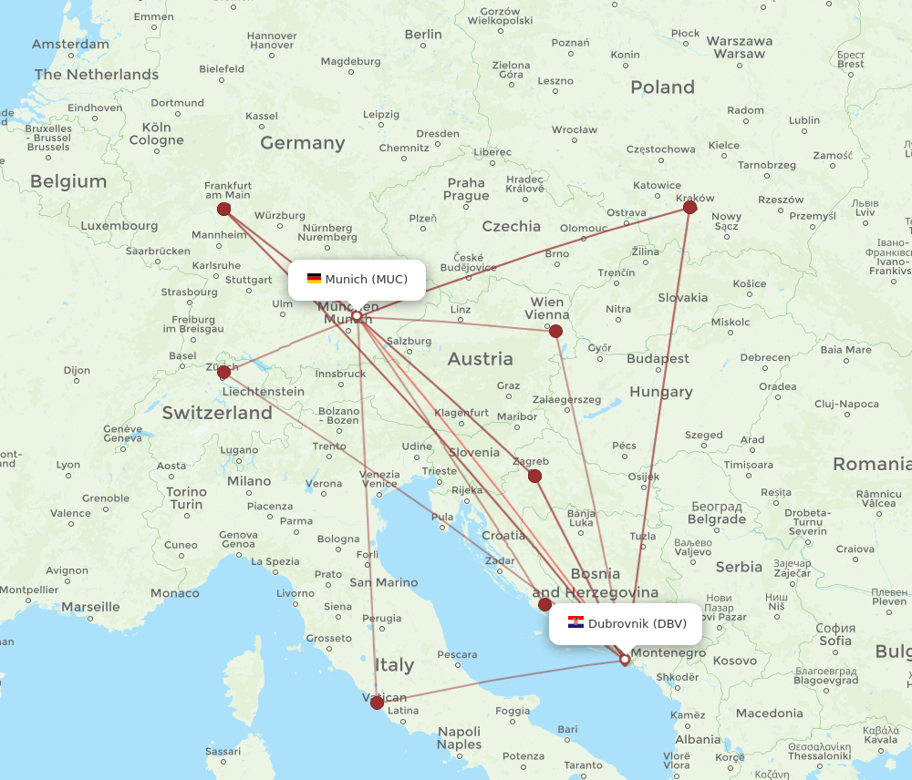 MUC to DBV flights and routes map