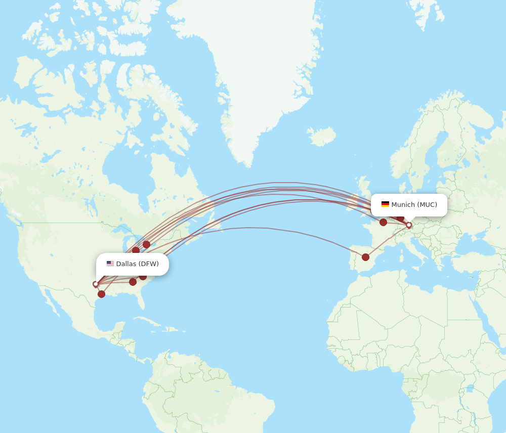 MUC to DFW flights and routes map