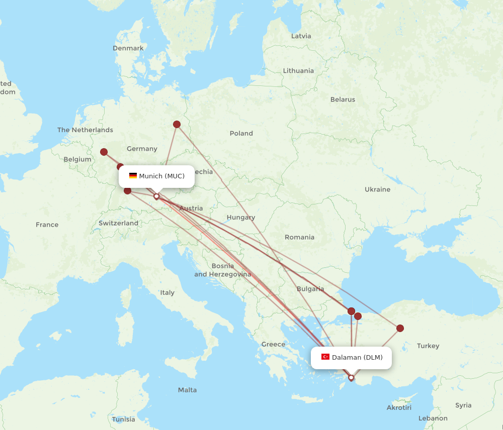 MUC to DLM flights and routes map