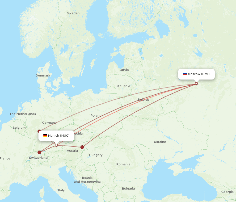 Munich - Moscow route map and flight paths