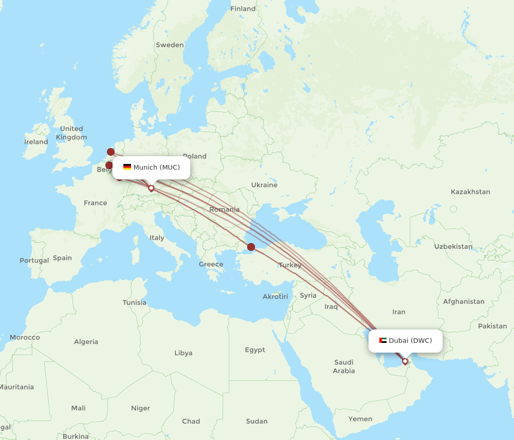MUC to DWC flights and routes map
