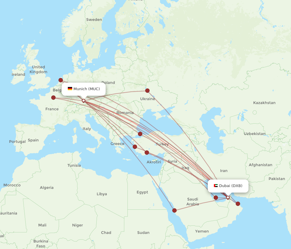 MUC to DXB flights and routes map