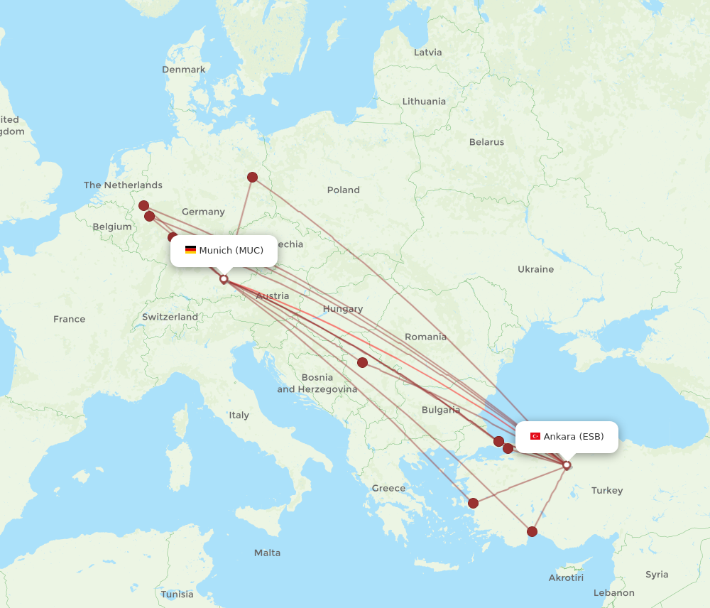 MUC to ESB flights and routes map
