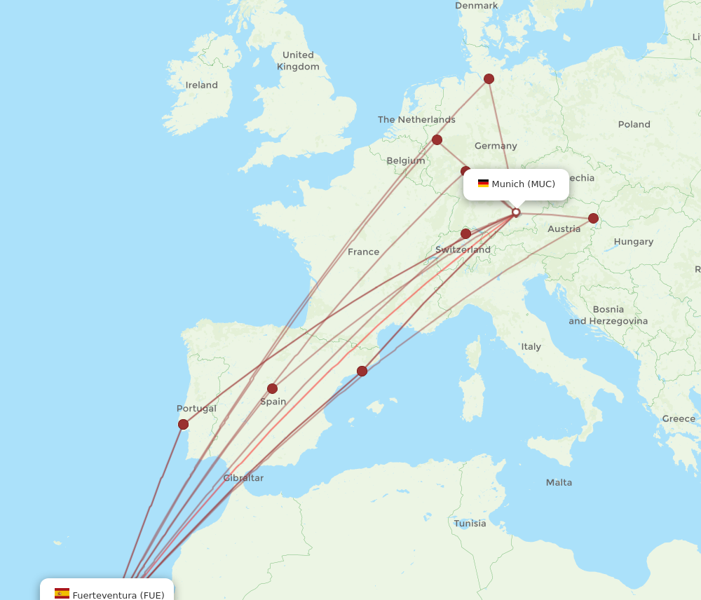 MUC to FUE flights and routes map