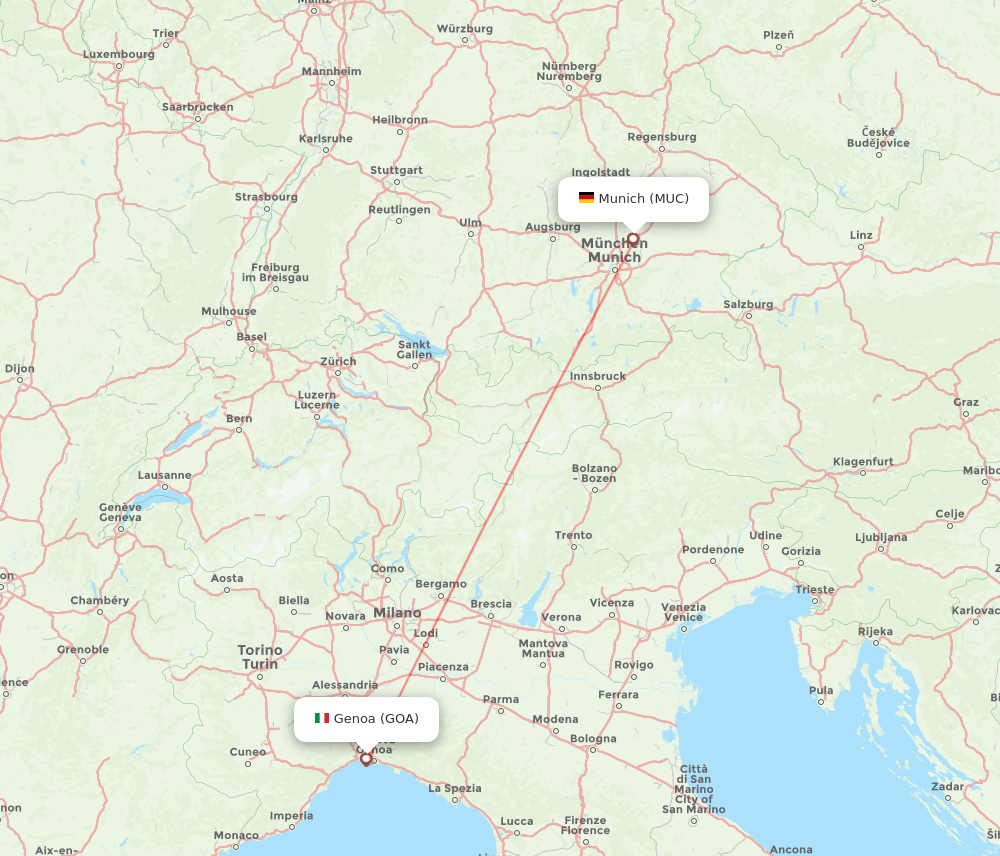 Munich - Genoa route map and flight paths