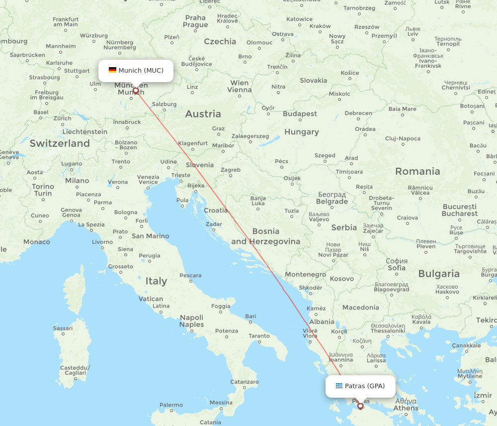 Munich - Patras route map and flight paths