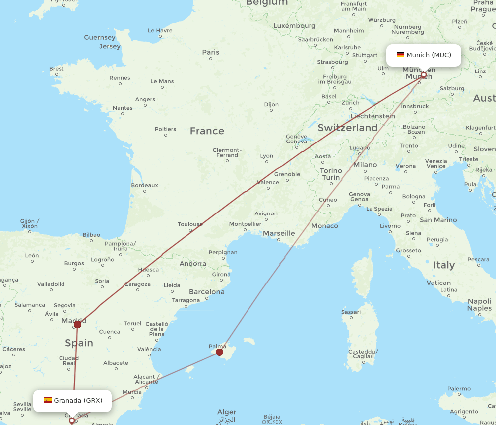 MUC to GRX flights and routes map