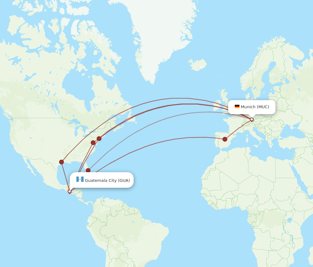 MUC to GUA flights and routes map