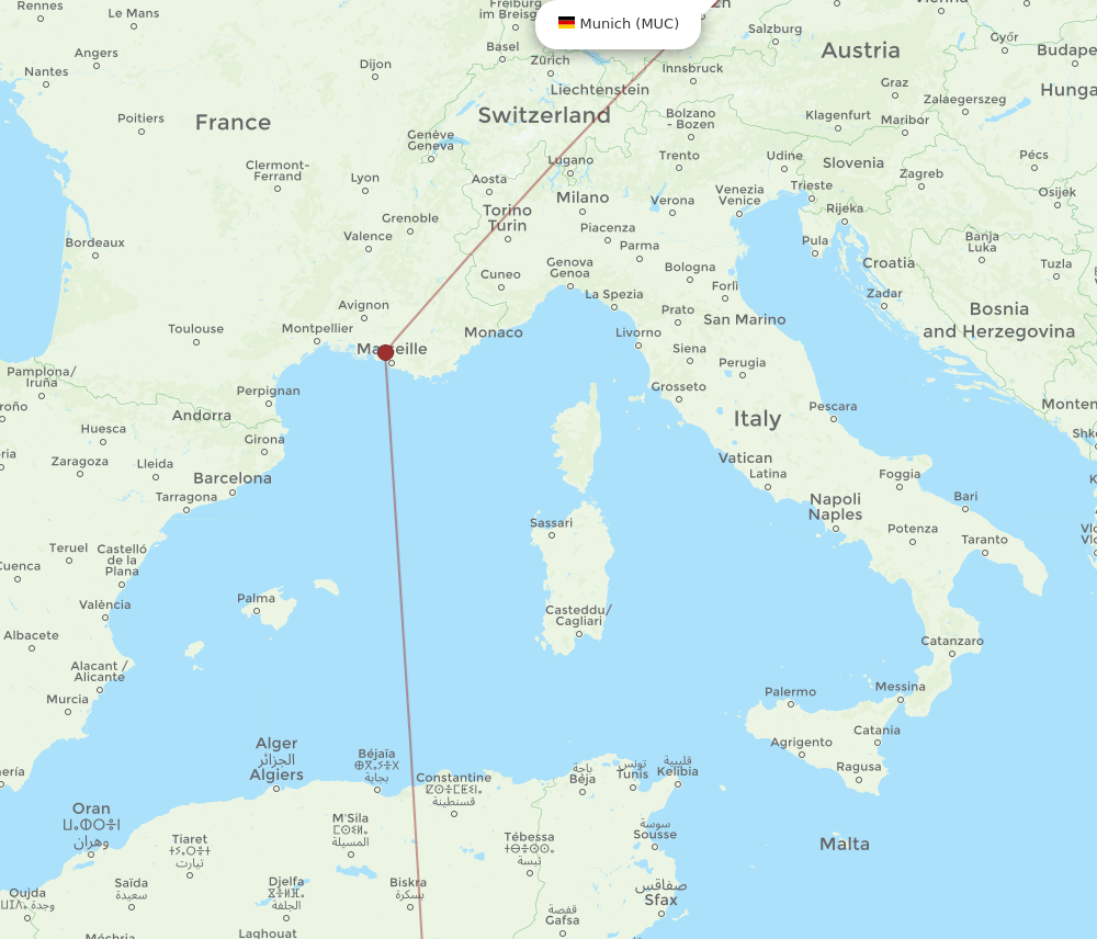 Munich - Hassi Messaoud route map and flight paths