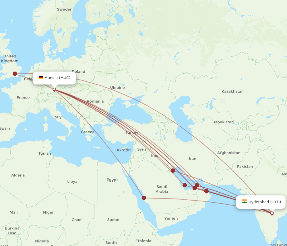 MUC to HYD flights and routes map