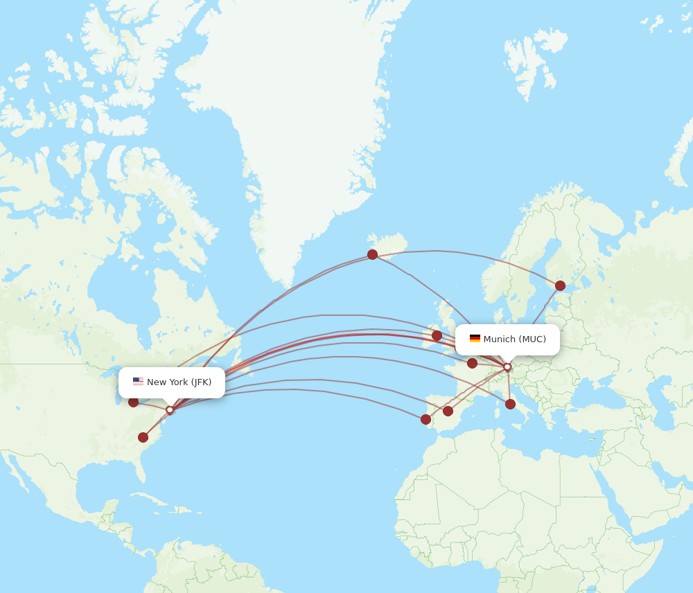 MUC to JFK flights and routes map