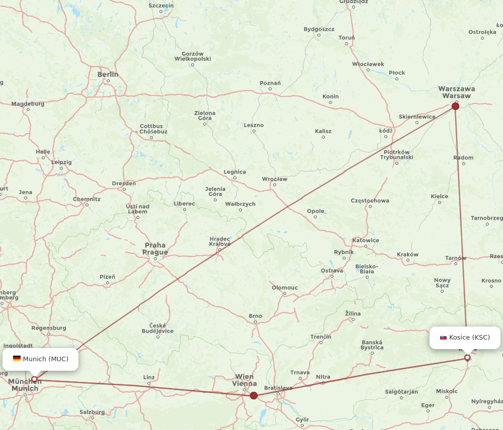 MUC to KSC flights and routes map