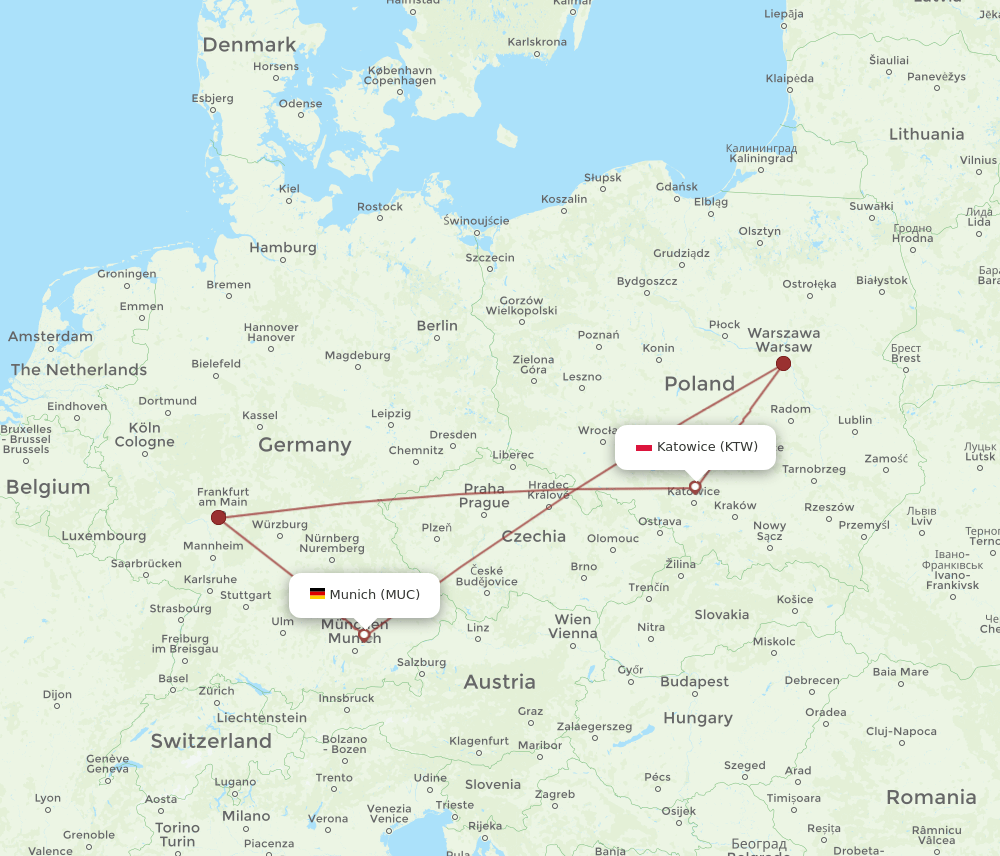 MUC to KTW flights and routes map