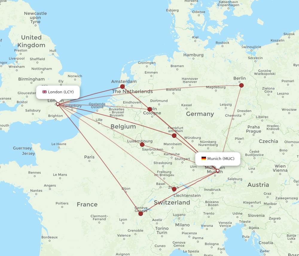 MUC to LCY flights and routes map