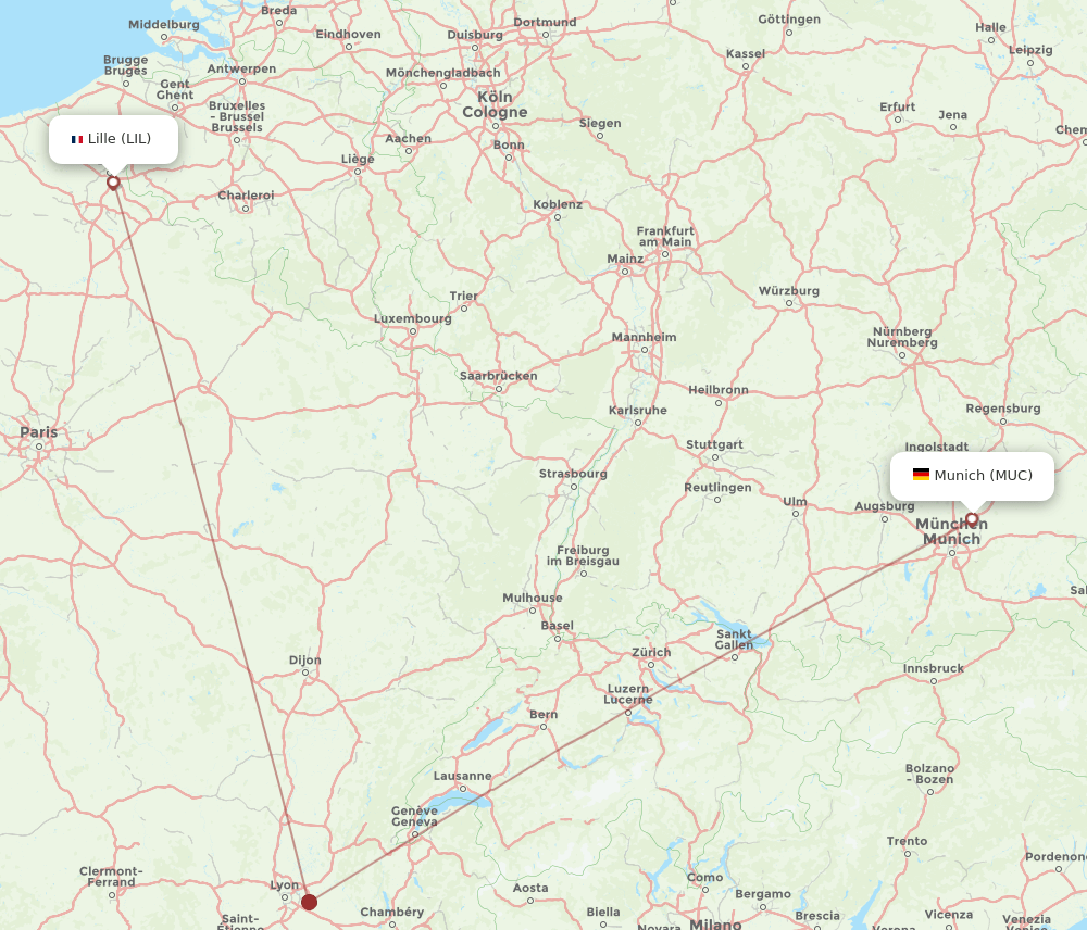 Munich - Lille route map and flight paths