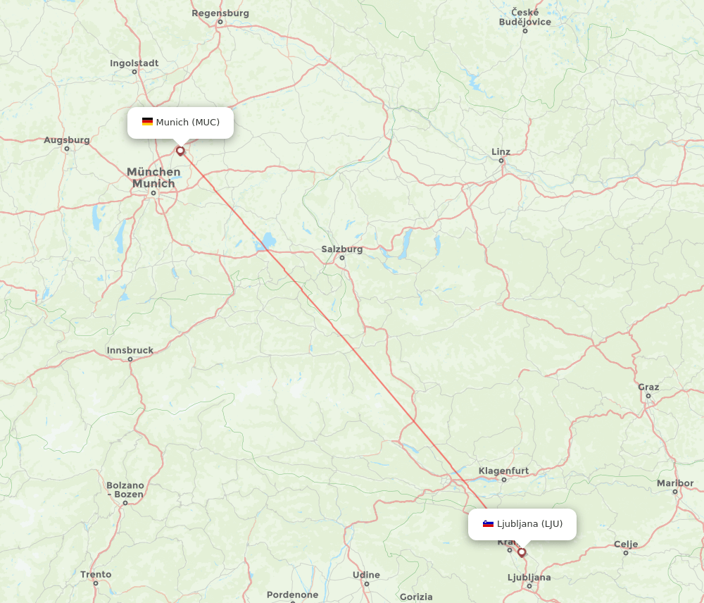 Munich - Ljubljana route map and flight paths