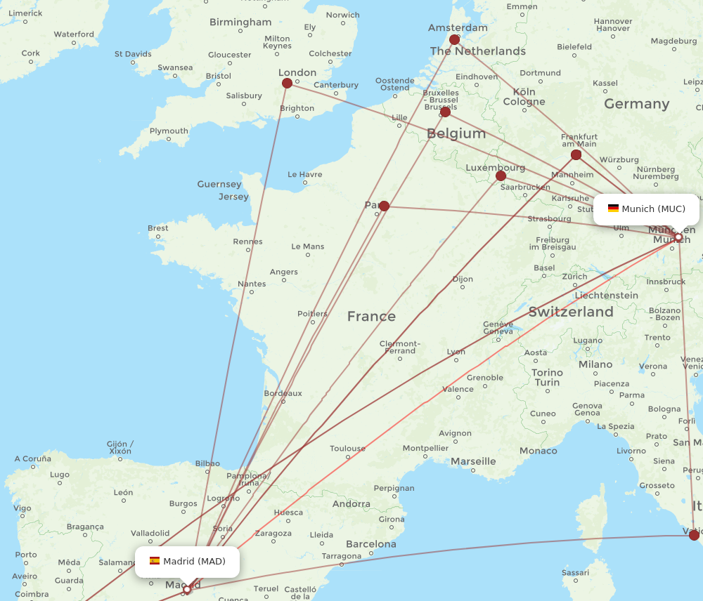 MUC to MAD flights and routes map
