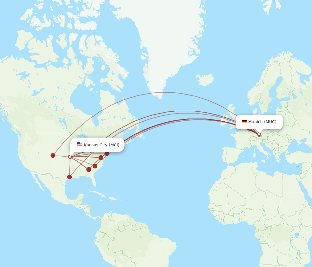 MUC to MCI flights and routes map