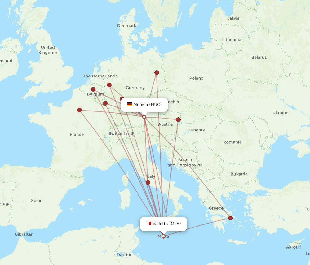 MUC to MLA flights and routes map