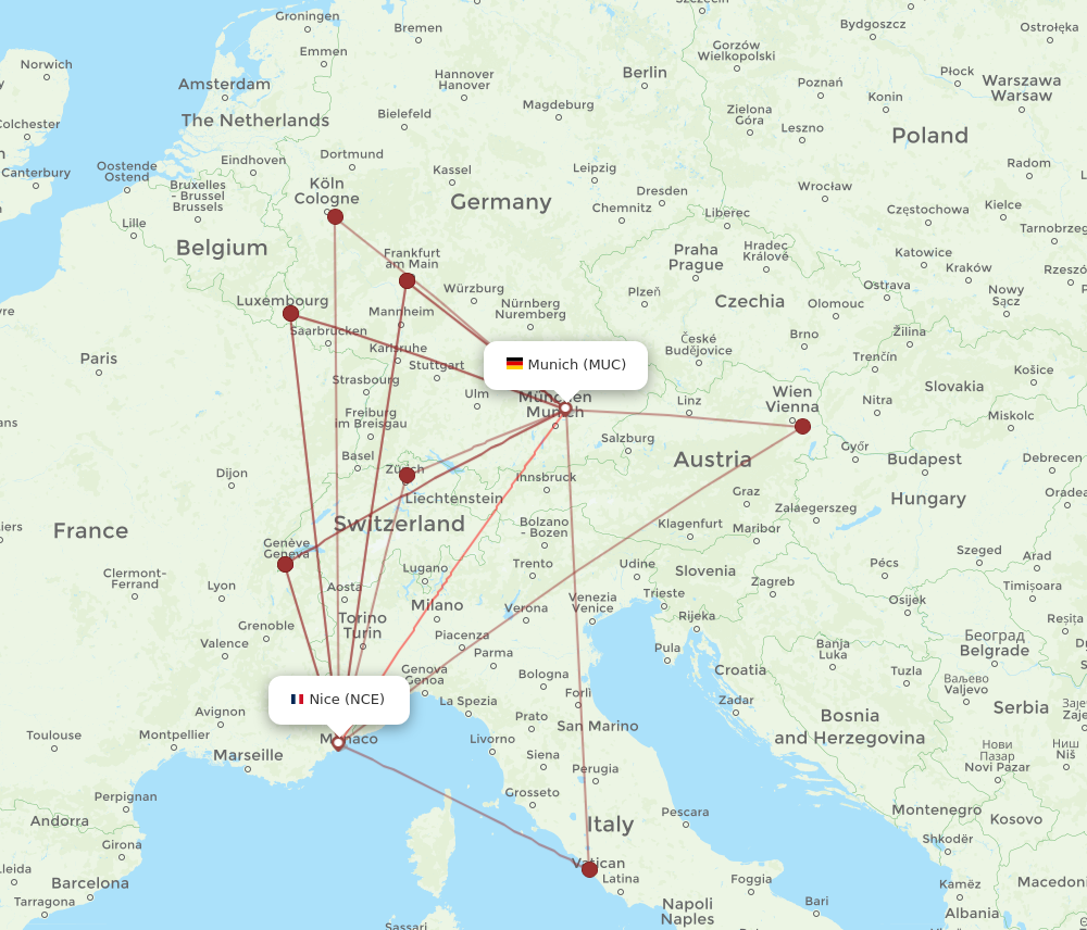 MUC to NCE flights and routes map