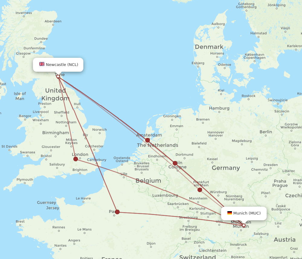 MUC to NCL flights and routes map