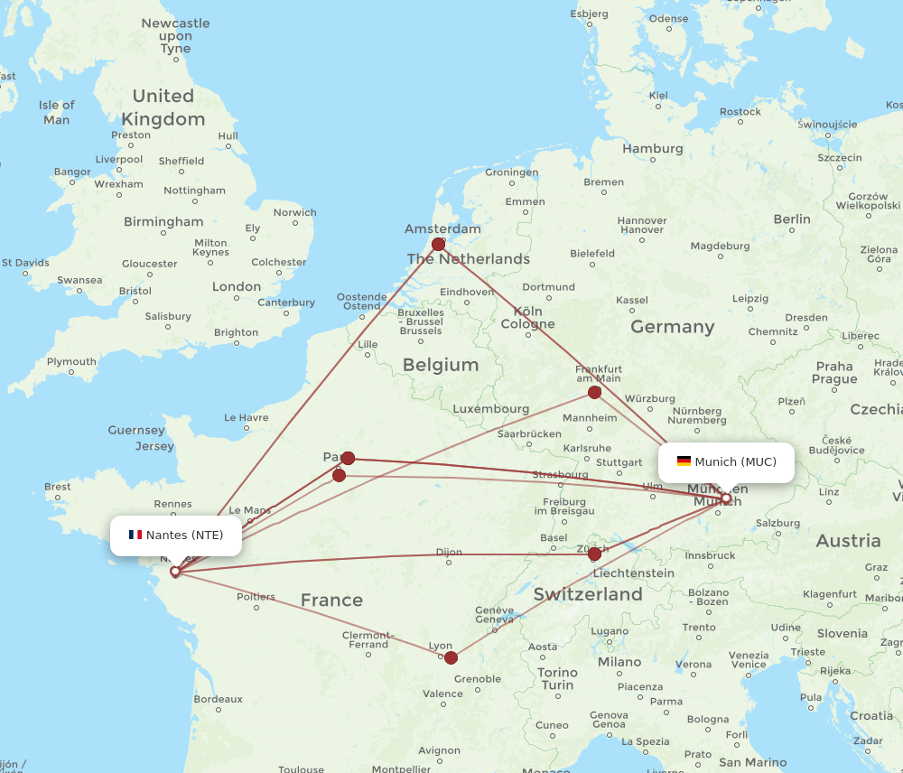 MUC to NTE flights and routes map